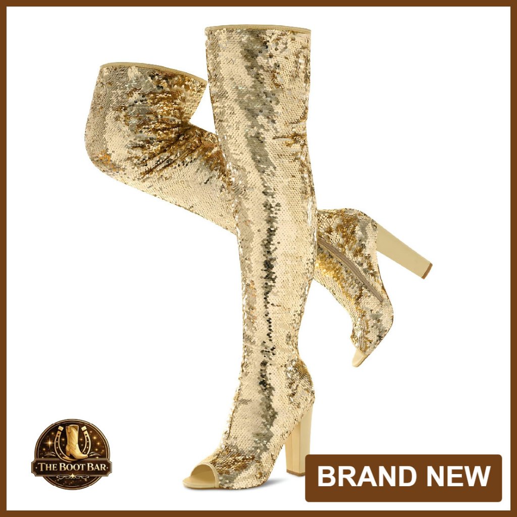 Sparkly Sequin Over The Knee Boots 4.5 Inch Chunky Heels Open Toe